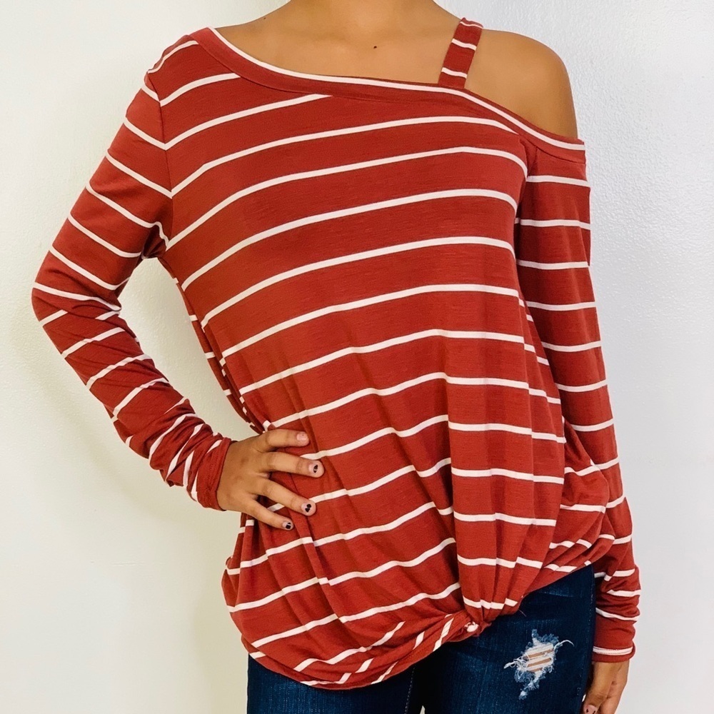 White Birch Women Burgundy Stripped Long Sleeves Relaxed Shirt Size M